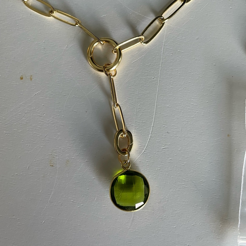 Link Gold Necklace with Green Pendant